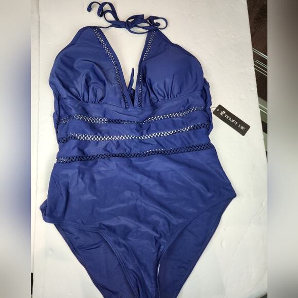 Tempt Me New Navy Blue One Piece Swimsuit Bathing Suit Halter Size L - Picture 10 of 13